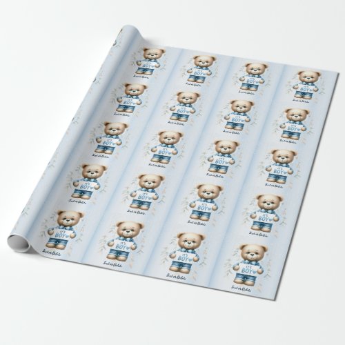 Baby Shower Cute Teddy Bear Blue Floral Beautiful Wrapping Paper