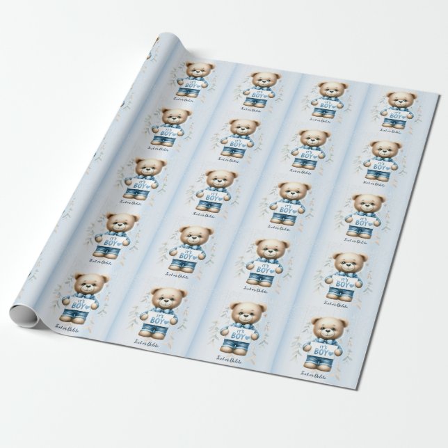 Baby Shower Cute Teddy Bear Blue Floral Beautiful Wrapping Paper (Unrolled)