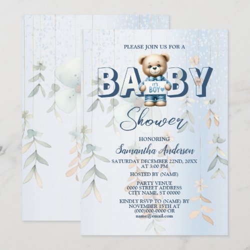 Baby Shower Cute Teddy Bear Blue Floral Invitation