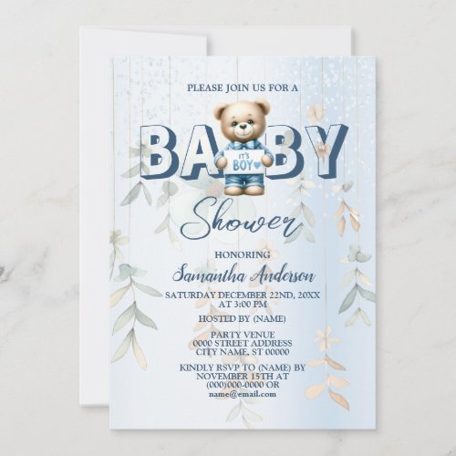 Baby Shower Cute Teddy Bear Blue Floral  Invitation