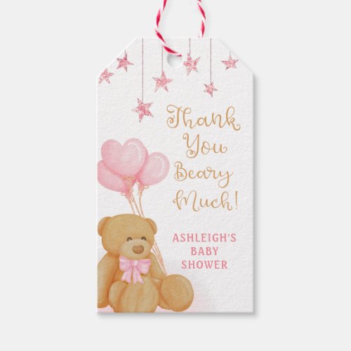 Baby Shower Cute Teddy Bear Pink Balloons Stars  Gift Tags