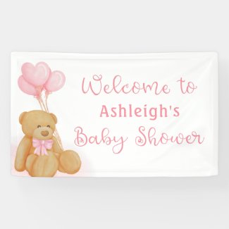 Baby Shower Cute Teddy Bear Pink Heart Balloons Banner