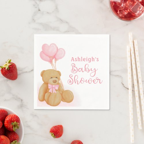 Baby Shower Cute Teddy Bear Pink Heart Balloons Napkins