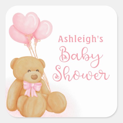 Baby Shower Cute Teddy Bear Pink Heart Balloons Square Sticker