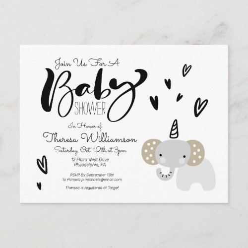 Baby Shower  Cute Uni_Elephant Invitation Postcard