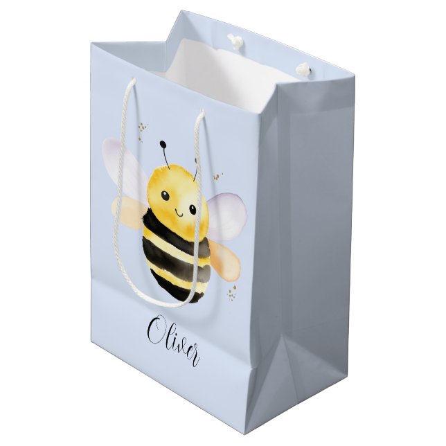 Baby shower, cute watercolor bee design medium gift bag (Front Angled)