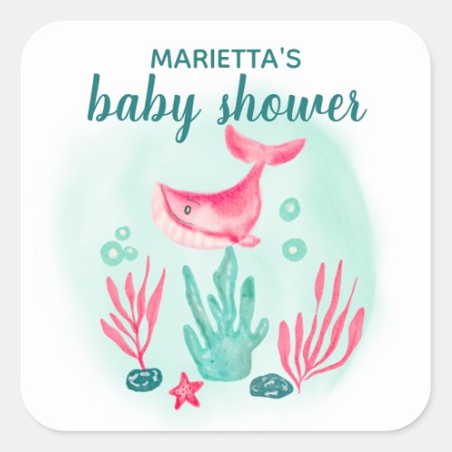 Baby shower Cute whale under the sea watercolor Square Sticker