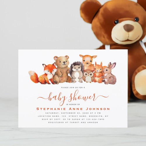 Baby Shower Cute Woodland Animals Watercolor Red  Invitation