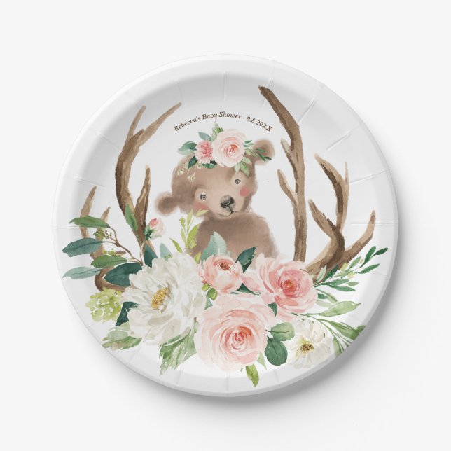 baby shower cute woodland bear paper plate (Front)