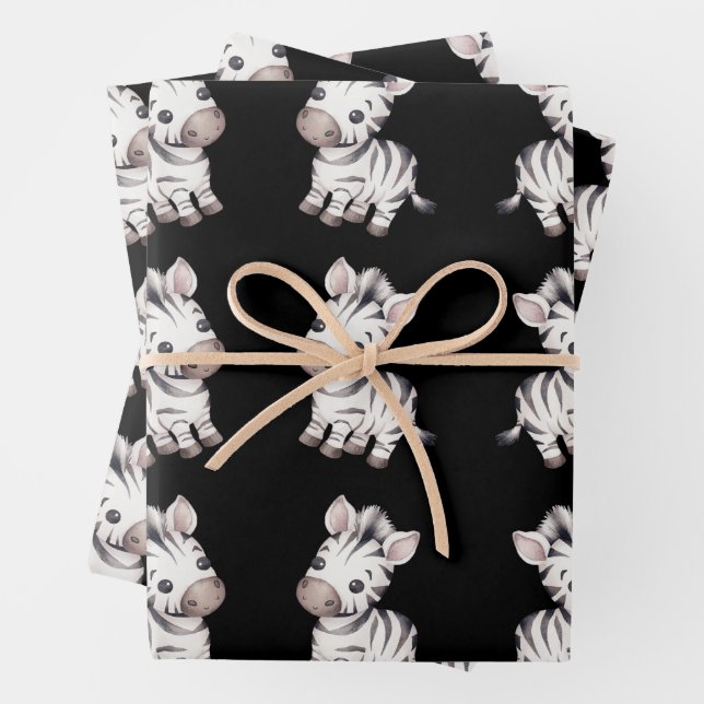 Baby shower cute zebra pattern wrapping paper sheets (In situ)