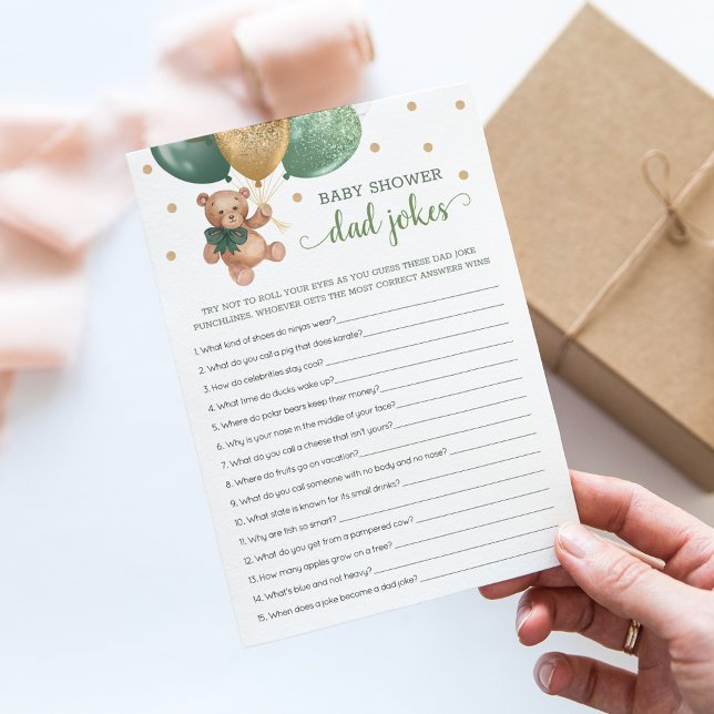 Baby Shower Dad Jokes Game Green Teddy Bear Card (Creator Uploaded)