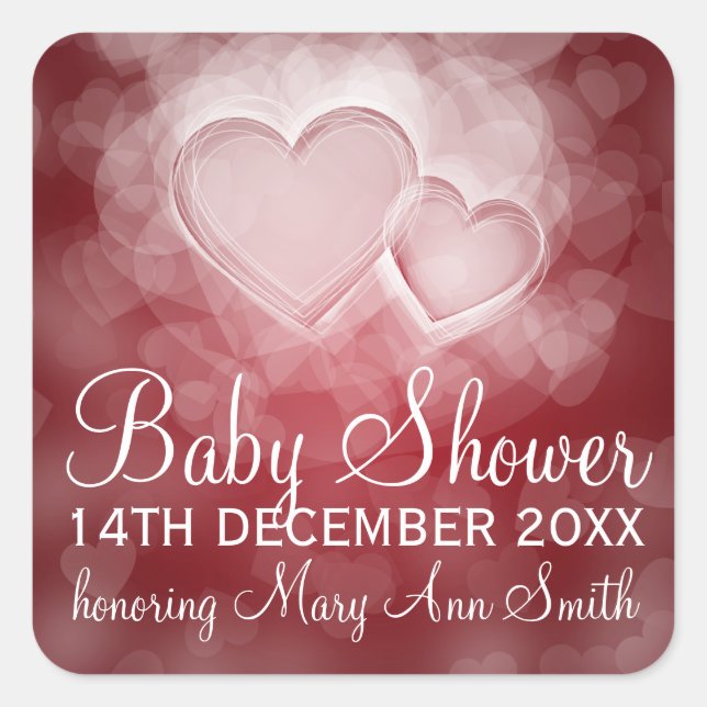 Baby Shower Date Modern Hearts Red Square Sticker (Front)