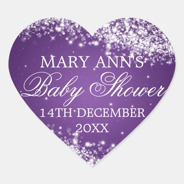 Baby Shower Date Sparkling Wave Purple Heart Sticker (Front)