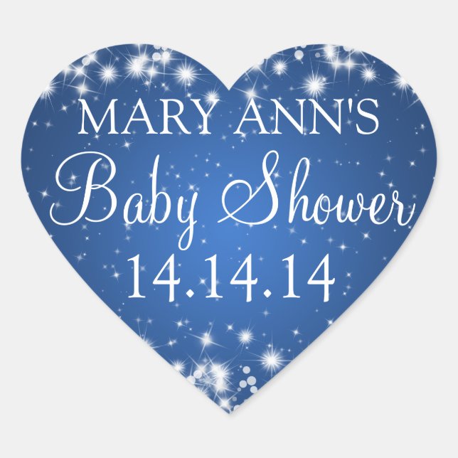Baby Shower Date Winter Sparkle Blue Heart Sticker (Front)