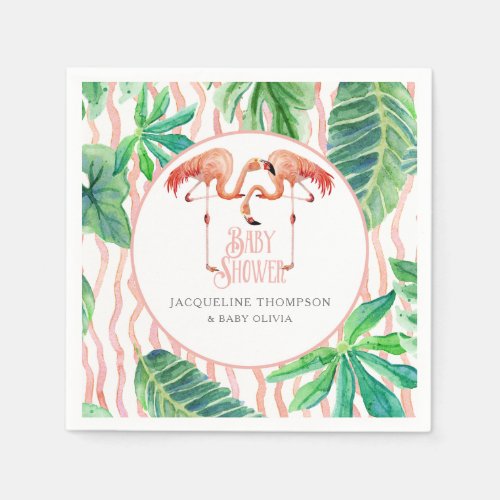 Baby Shower Decor Watercolor Pink Flamingo Leaf Napkins