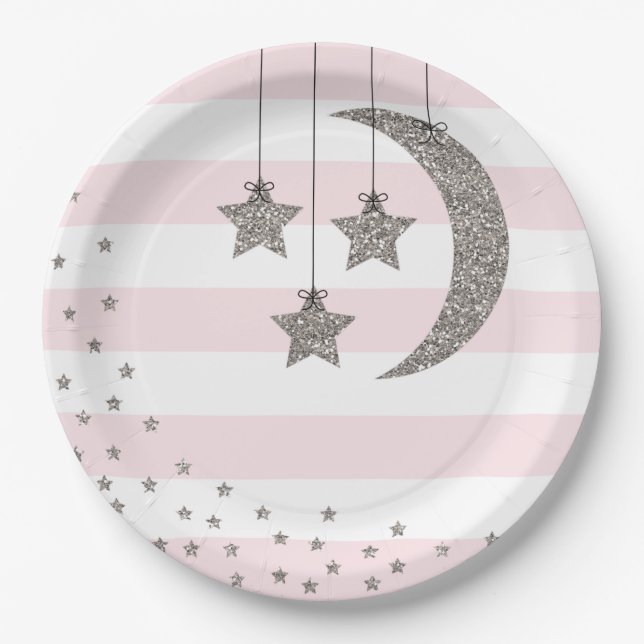 baby shower decorations blush pink silver glitter paper plates (Front)