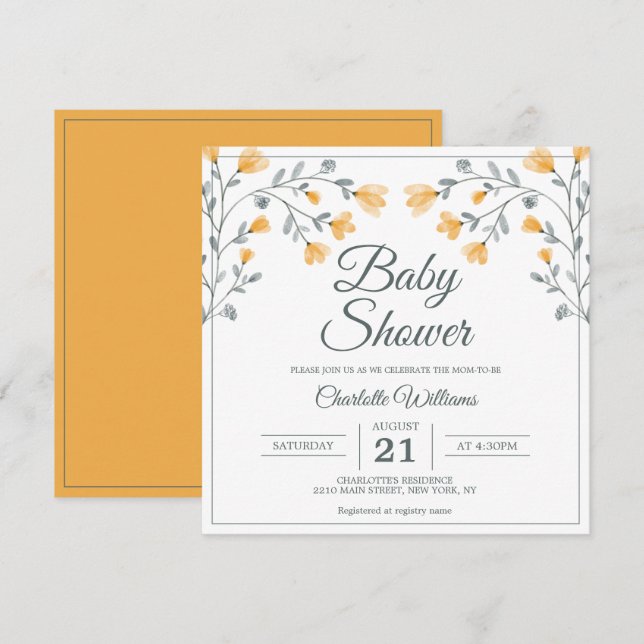 Baby Shower Delicate Flowers Orange Sage Green Invitation (Front/Back)