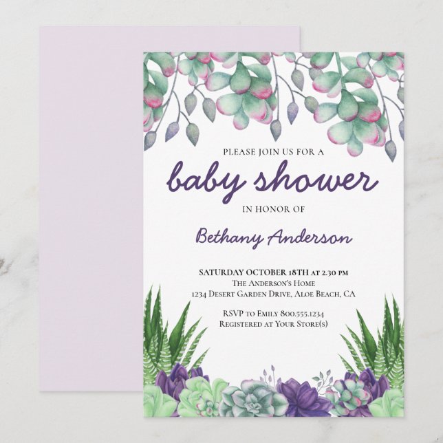 Baby Shower Desert Garden Succulents Watercolor Invitation (Front/Back)