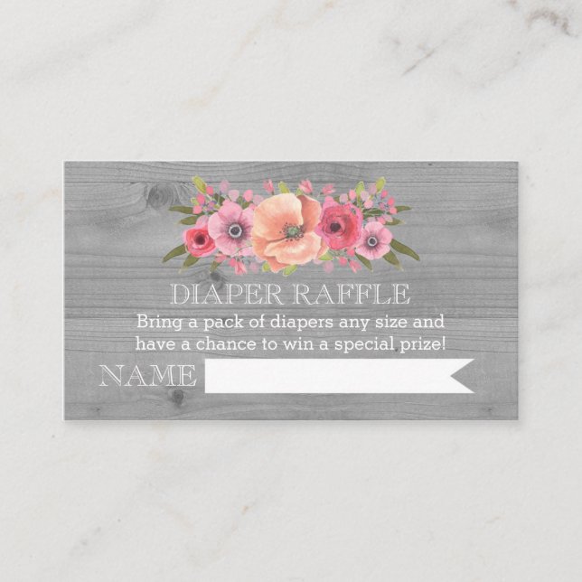 Baby Shower Diaper Raffle Card Rustic Wood Floral (Front)