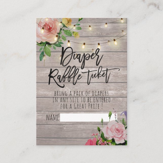 Baby Shower Diaper Raffle Ticket Floral Wood Light Enclosure Card (Front)