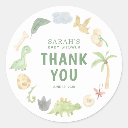 Baby Shower Dinosaur Green Watercolor Thank You Classic Round Sticker