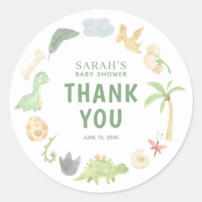 Baby Shower Dinosaur Green Watercolor Thank You Classic Round Sticker (Front)