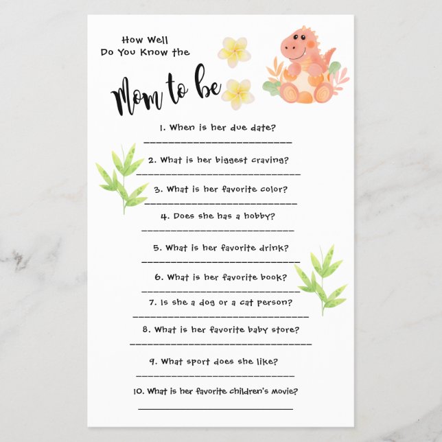 Baby Shower Dinosaur How well you know the card Flyer (Front)