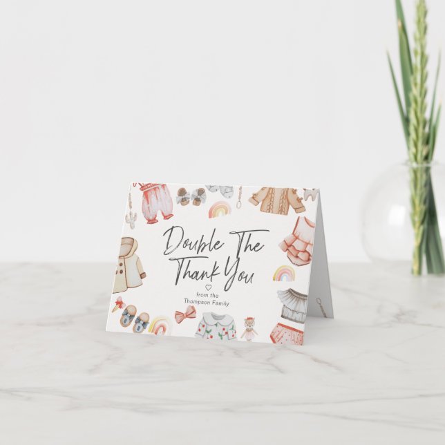 Baby Shower Double  Thank You Twins Girl Clothes Card (Front)