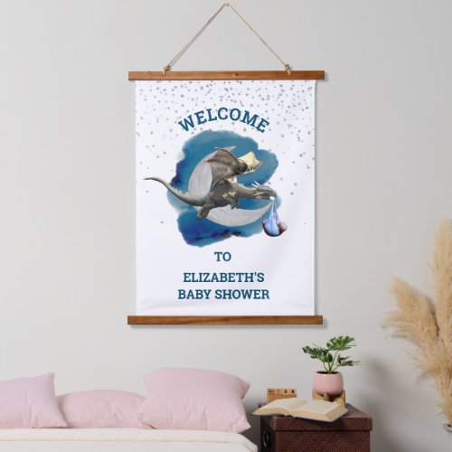 Baby Shower Dragon Stork Welcome Sign  Hanging Tapestry