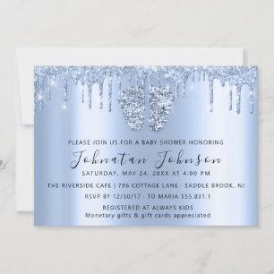 Baby Shower Drips Glitter Blue Feet Blue Boy Girl Invitation