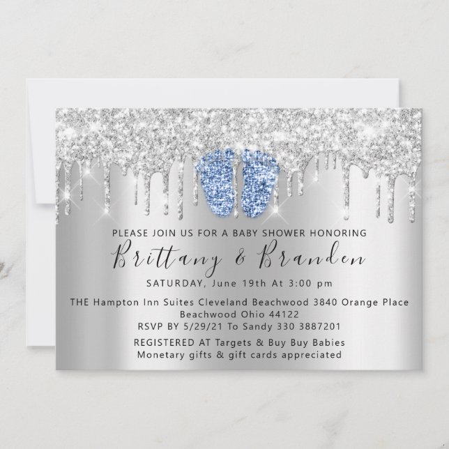 Baby Shower Drips Glitter Blue Feet Silver Invitat Invitation (Front)
