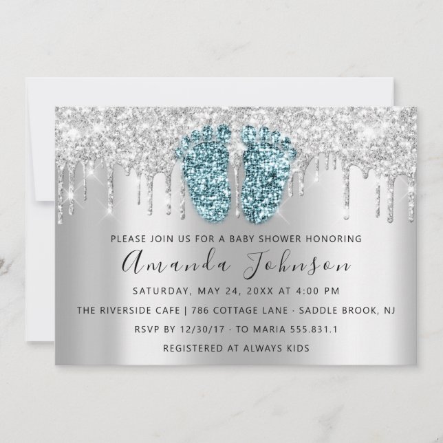 Baby Shower Drips Glitter Feet Gray Spark Boy Girl Invitation (Front)