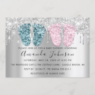 Baby Shower Drips Glitter Feet Gray Twins Boy Girl Invitation