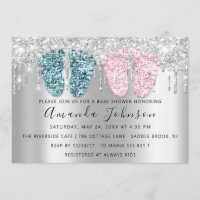 Baby Shower Drips Glitter Feet Gray Twins Boy Girl Invitation
