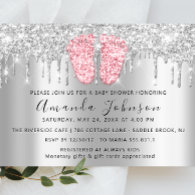 Baby Shower Drips Glitter Pink Feet Gray Boy Girl Invitation