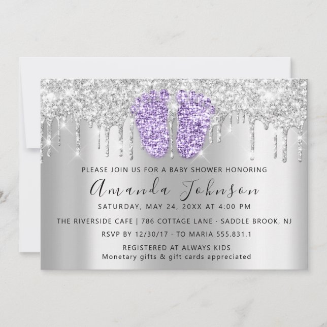 Baby Shower Drips Glitter VioletFeet Gray Boy Girl Invitation (Front)