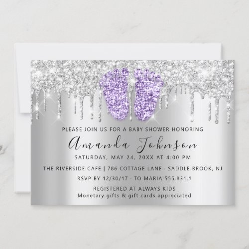 Baby Shower Drips Glitter VioletFeet Gray Boy Girl Invitation