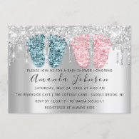 Baby Shower Drips Silver Gray Feet Twins Boy Girl Invitation