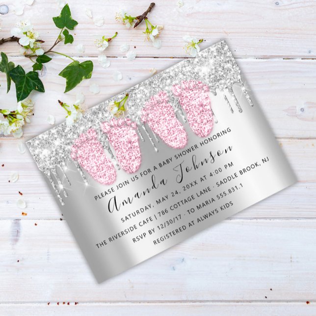 Baby Shower Drips Silver Gray Feet Twins Girls Invitation (Creator Uploaded)