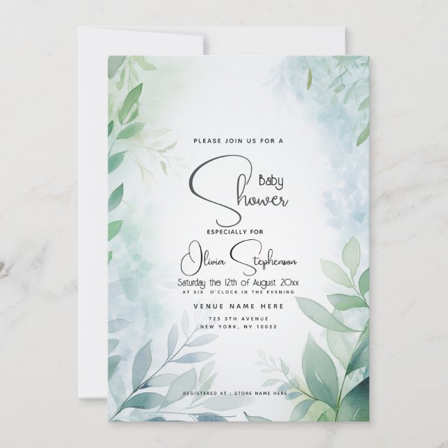 Baby Shower- Dusty Blue Leafy QR  Invitation (Front)