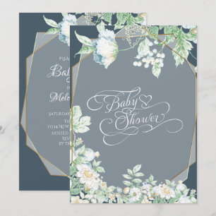 Baby Shower Dusty Blue Wildflowers Berries Invitation