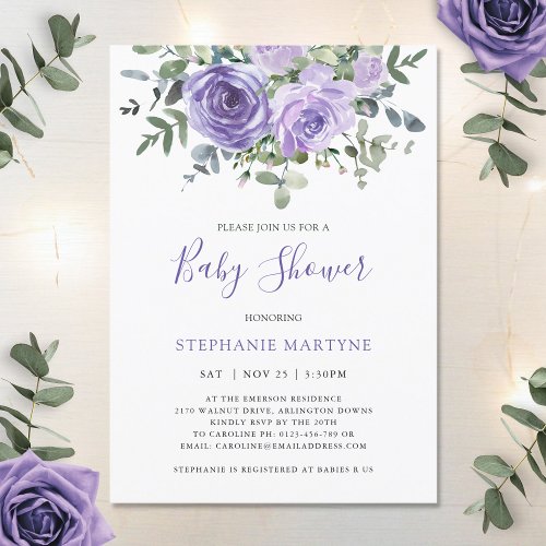 Baby Shower Dusty Purple Rose Botanical  Invitation
