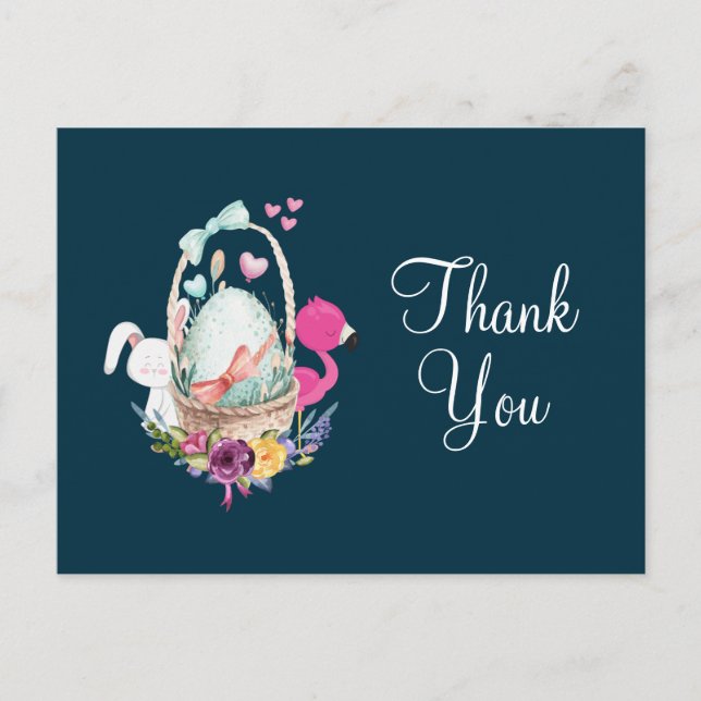 Baby Shower Egg, Flaingo, & Bunny Party Thanks Postcard (Front)