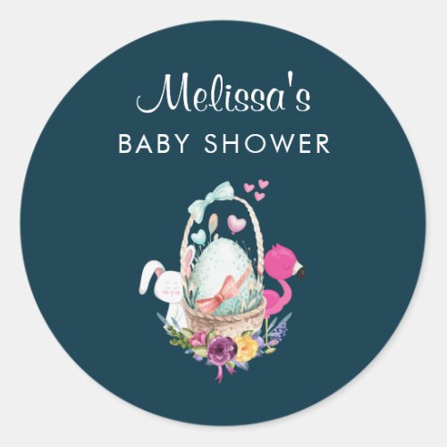 Baby Shower Egg Pink Flamingo  Bunny Watercolor Classic Round Sticker