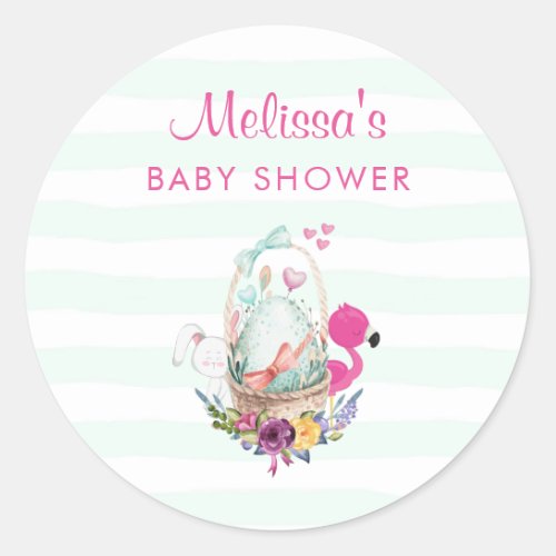 Baby Shower Egg w Flamingo  Bunny Classic Round Sticker
