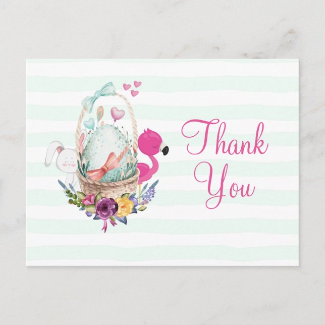 Baby Shower Egg w/ Flamingo & Bunny Party Thanks Postcard (Front)