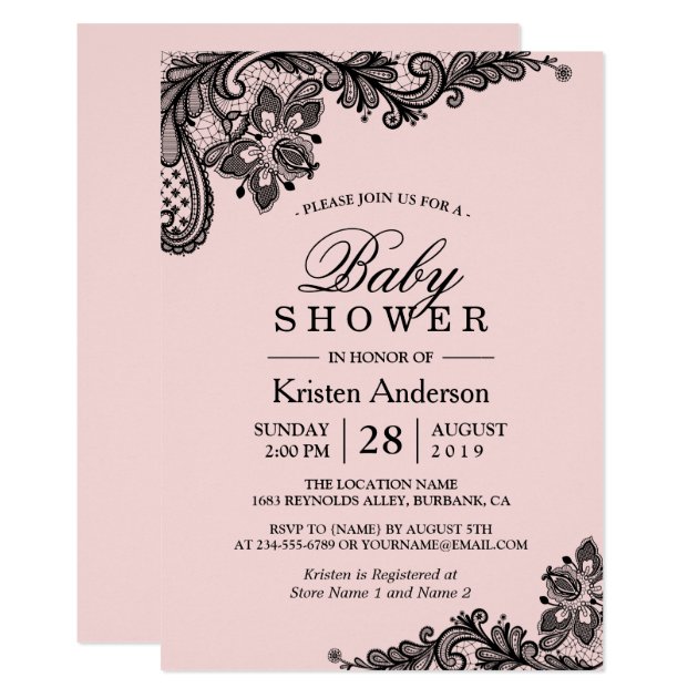 Baby Shower Elegant Blush Pink Black Lace Invitation