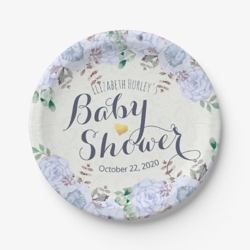 Baby Shower Elegant Chic Blue Watercolor Floral Paper Plates