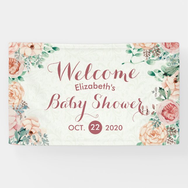 Baby Shower Elegant Chic Pink Watercolor Floral Banner (Horizontal)