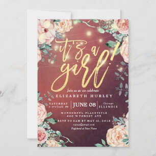 Baby Shower Elegant Floral String Lights Burgundy Invitation